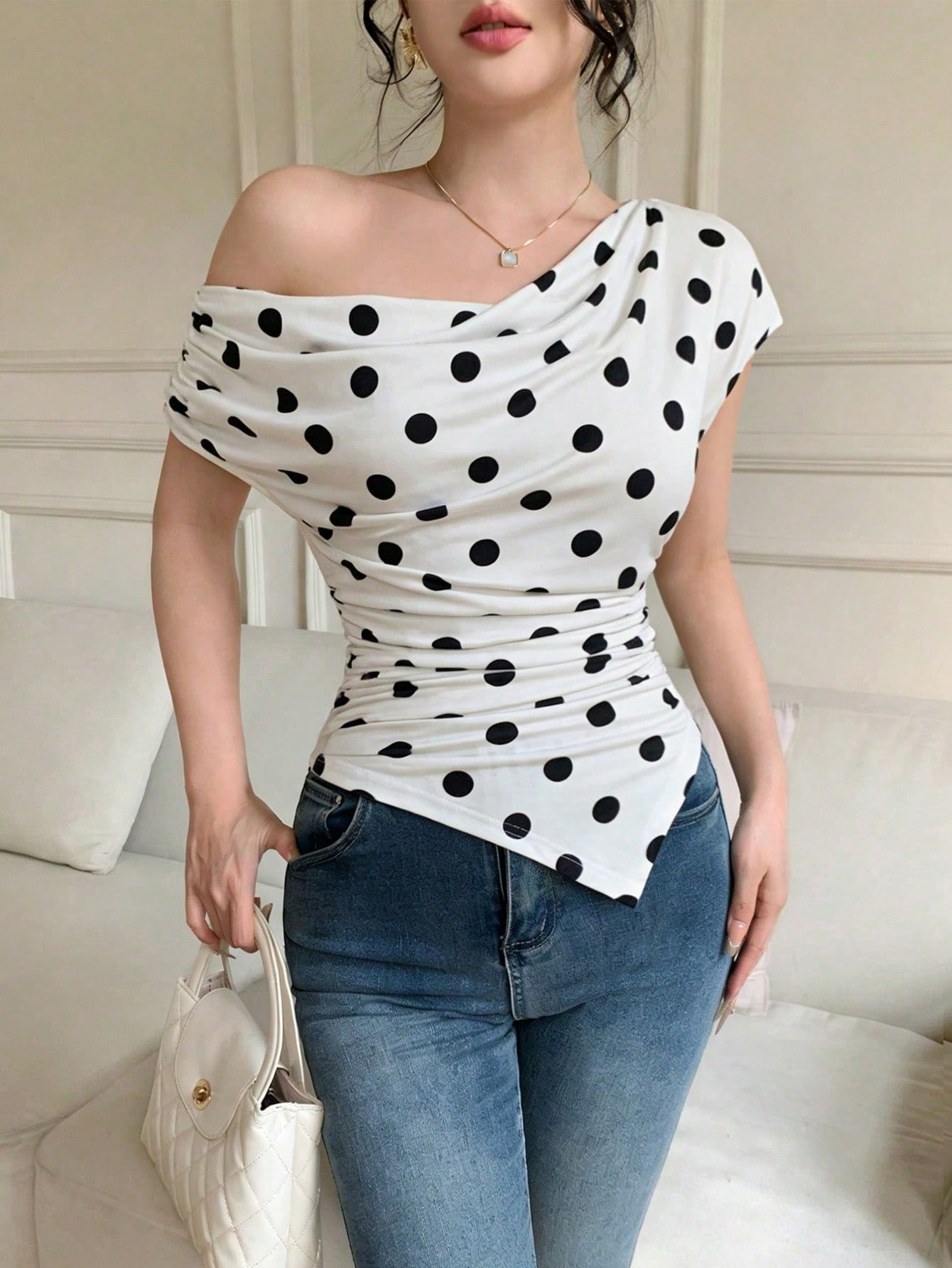 Women's Elegant Polka Dot Asymmetric Batwing Sleeve T-Shirt