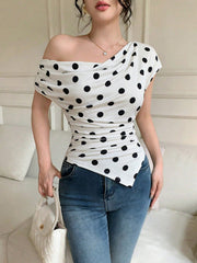 Women's Elegant Polka Dot Asymmetric Batwing Sleeve T-Shirt