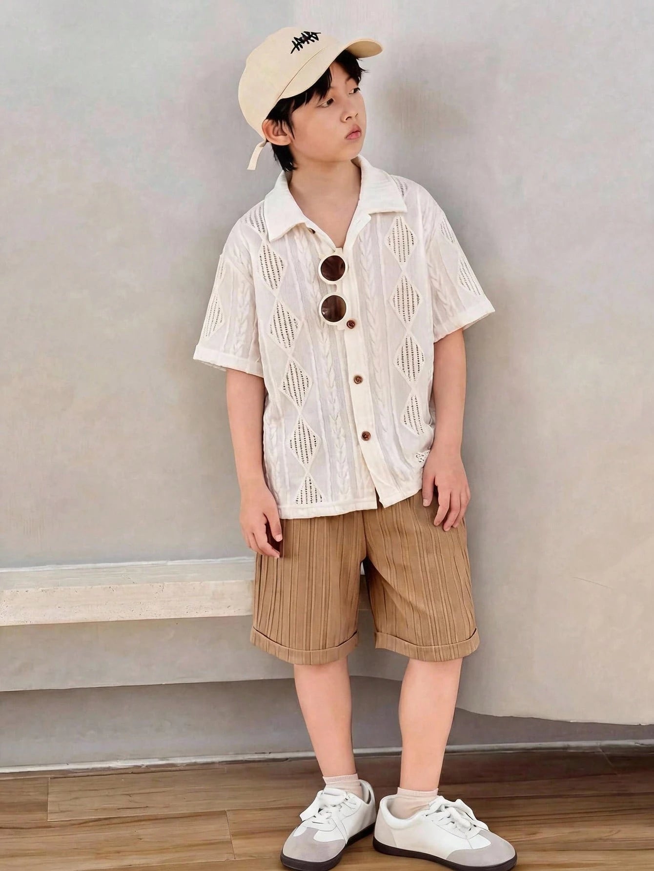 Kids' Casual Jacquard Collar Button-Up Shirt and Shorts Set