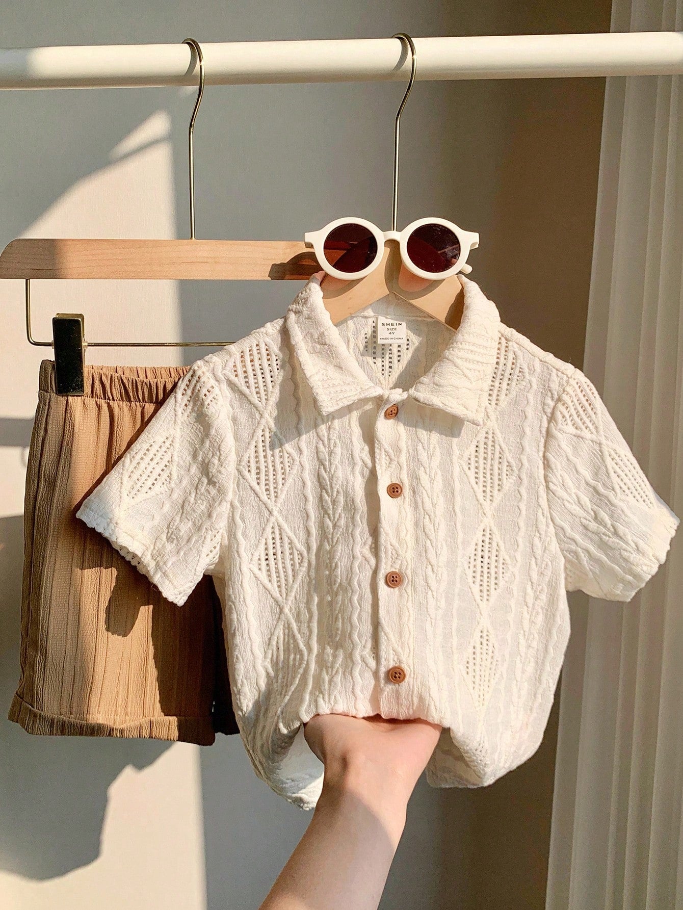 Kids' Casual Jacquard Collar Button-Up Shirt and Shorts Set