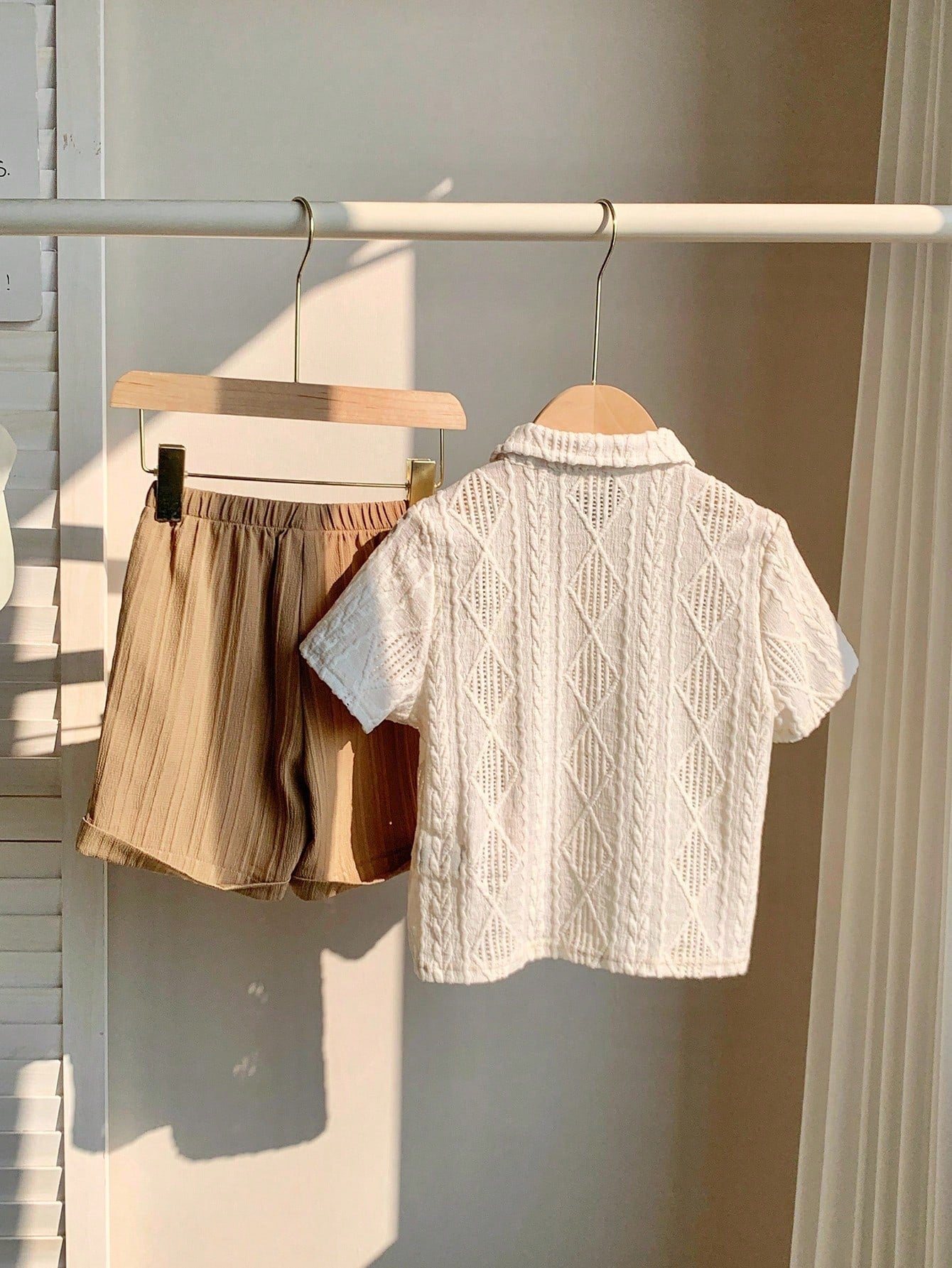 Kids' Casual Jacquard Collar Button-Up Shirt and Shorts Set