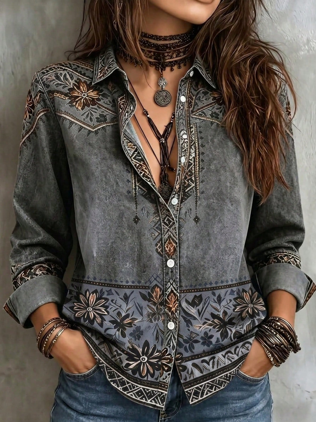 Women's Bohemian Floral Long Sleeve Shirt