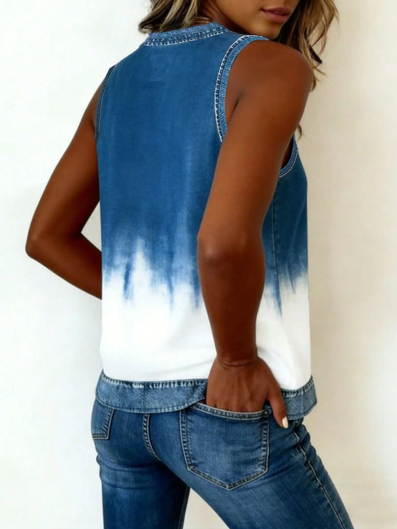 Women's Ombre Denim Effect Print Casual Summer Top