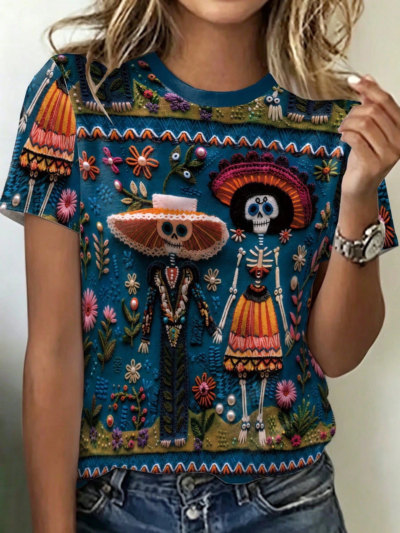 Women's Plus Size Skeleton Floral Day of the Dead T-Shirt