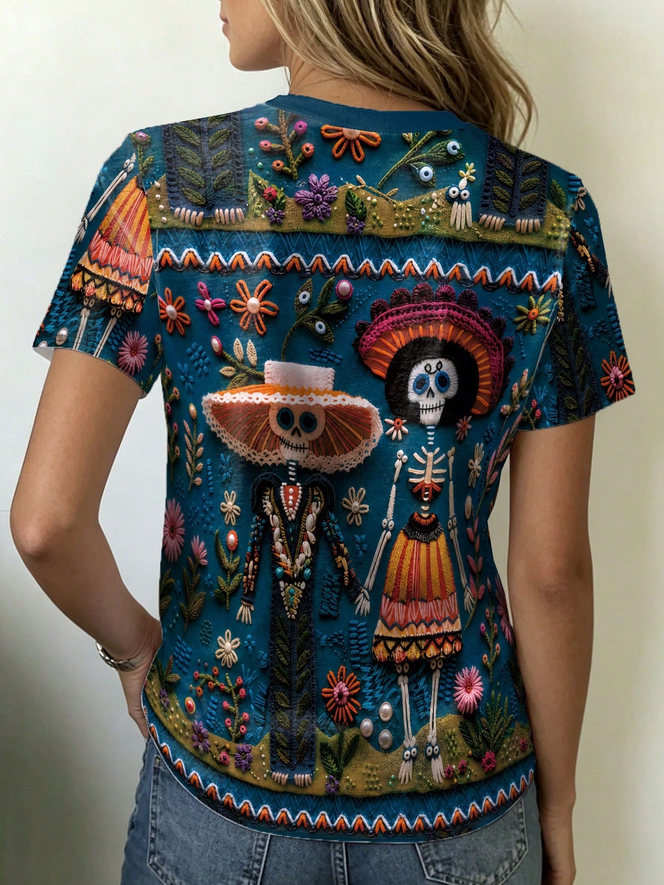 Women's Plus Size Skeleton Floral Day of the Dead T-Shirt