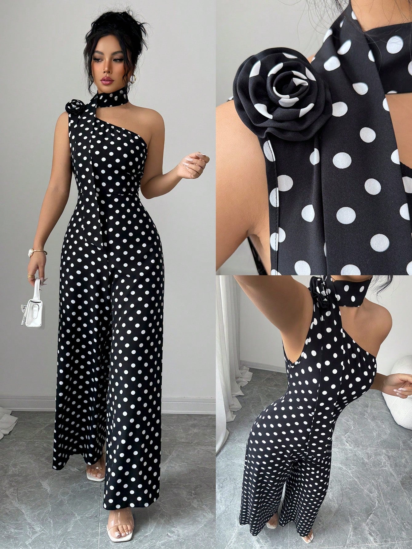 Women's Asymmetrical Neckline Rose Decor Sleeveless Fitted Jumpsuit