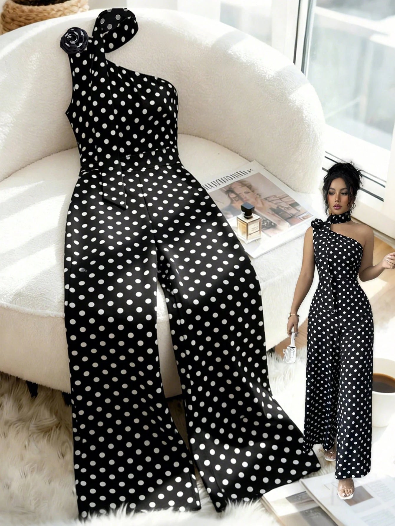 Women's Asymmetrical Neckline Rose Decor Sleeveless Fitted Jumpsuit