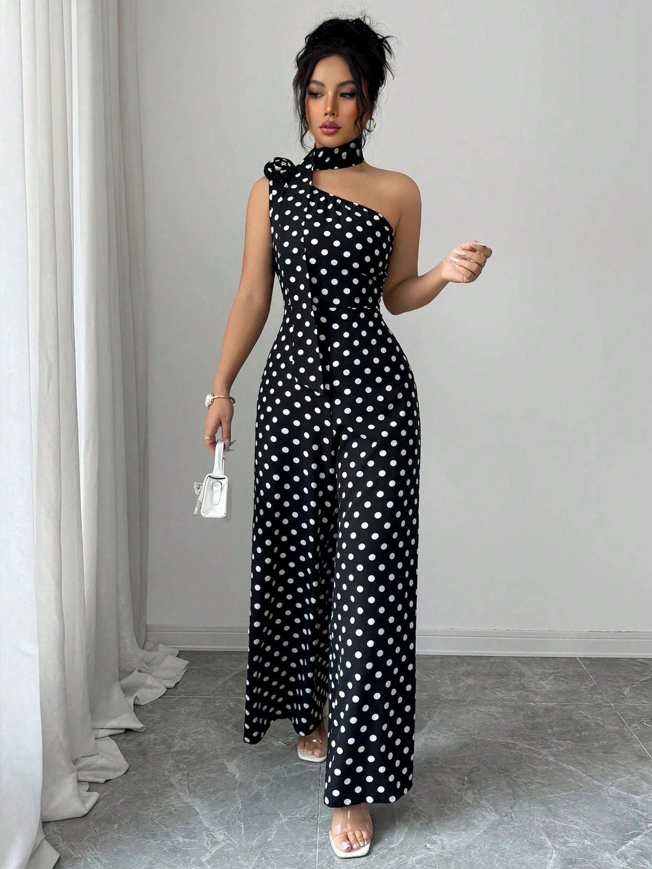Women's Asymmetrical Neckline Rose Decor Sleeveless Fitted Jumpsuit