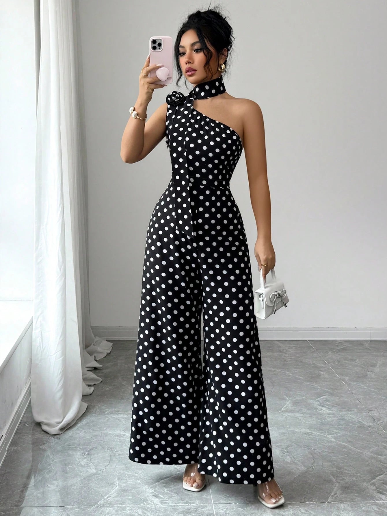 Women's Asymmetrical Neckline Rose Decor Sleeveless Fitted Jumpsuit