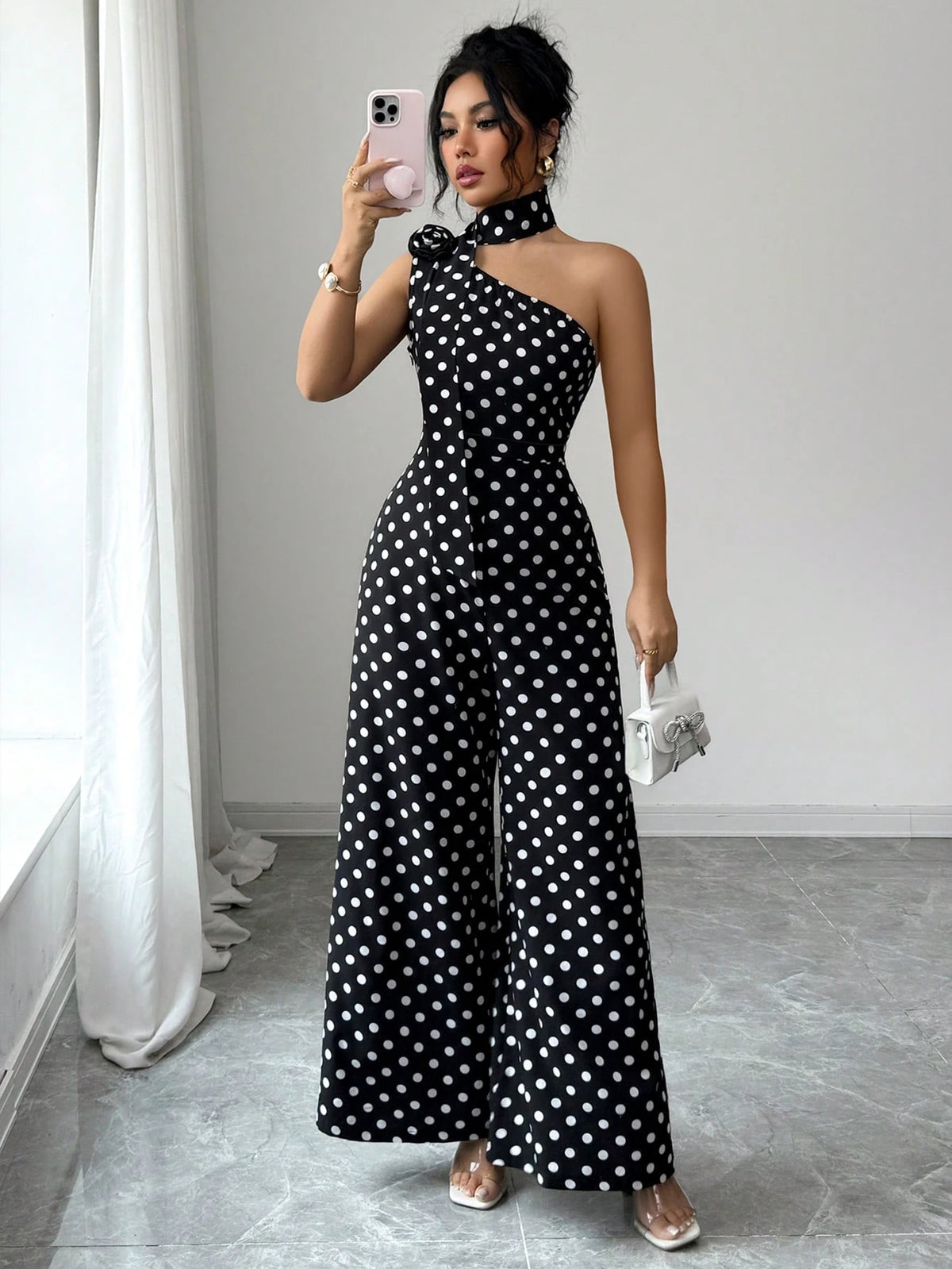 Women's Elegant Rose Ribbon Polka Dot Wide Leg Jumpsuit