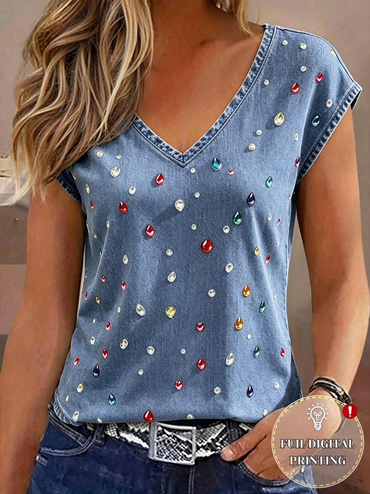 Women's Casual Boho Printed V-Neck Cap Sleeve T-Shirt