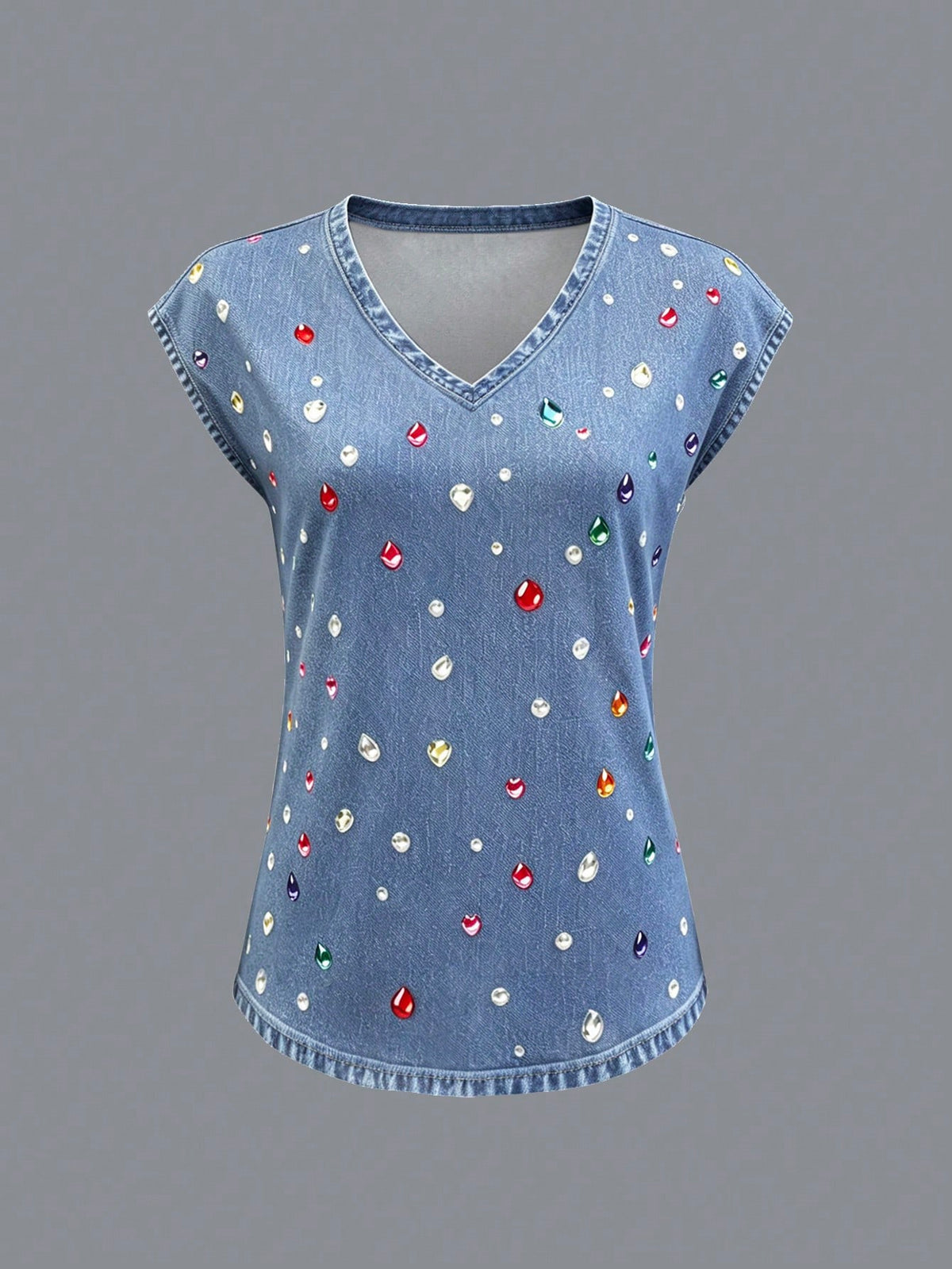 Women's Casual Boho Printed V-Neck Cap Sleeve T-Shirt