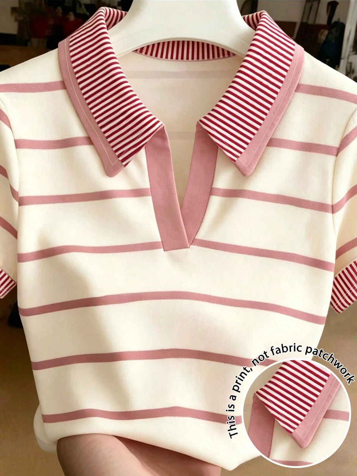 Women's Casual Pink Striped Collared Short Sleeve T-Shirt