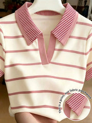 Women's Casual Pink Striped Collared Short Sleeve T-Shirt