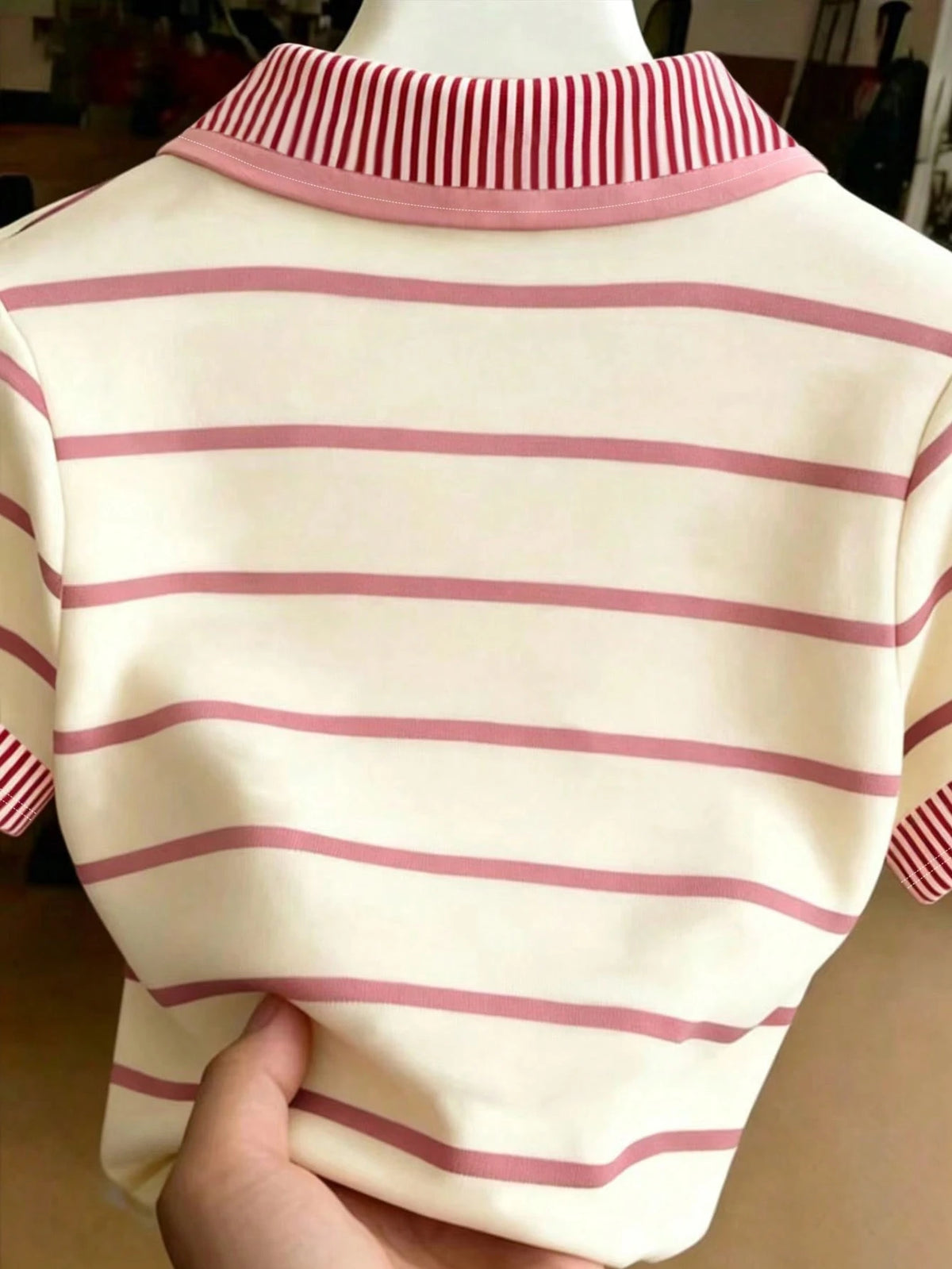 Women's Casual Pink Striped Collared Short Sleeve T-Shirt