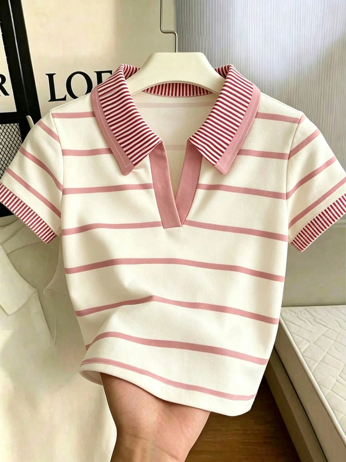 Women's Casual Pink Striped Collared Short Sleeve T-Shirt