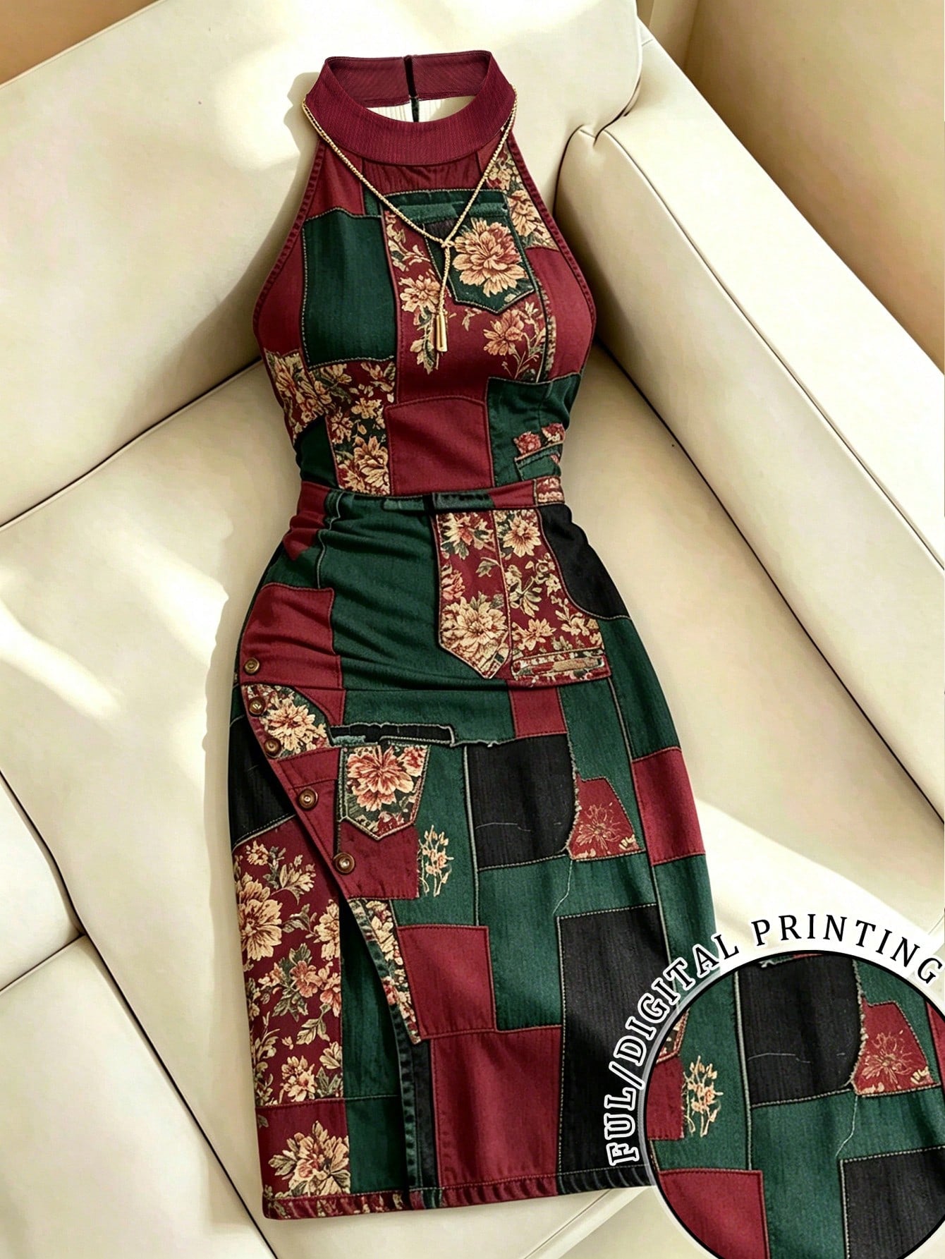 Women's Geometric Print Halter Sleeveless Mini Bodycon Dress Multicolor