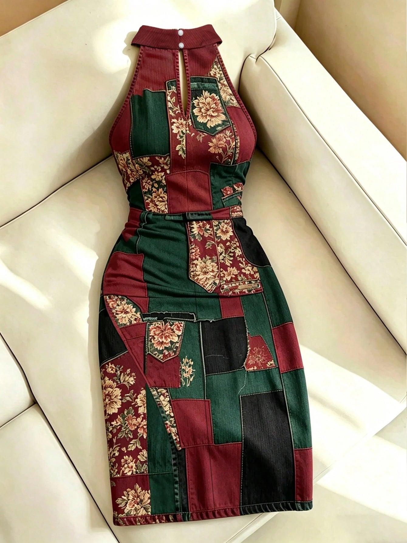 Women's Geometric Print Halter Sleeveless Mini Bodycon Dress Multicolor