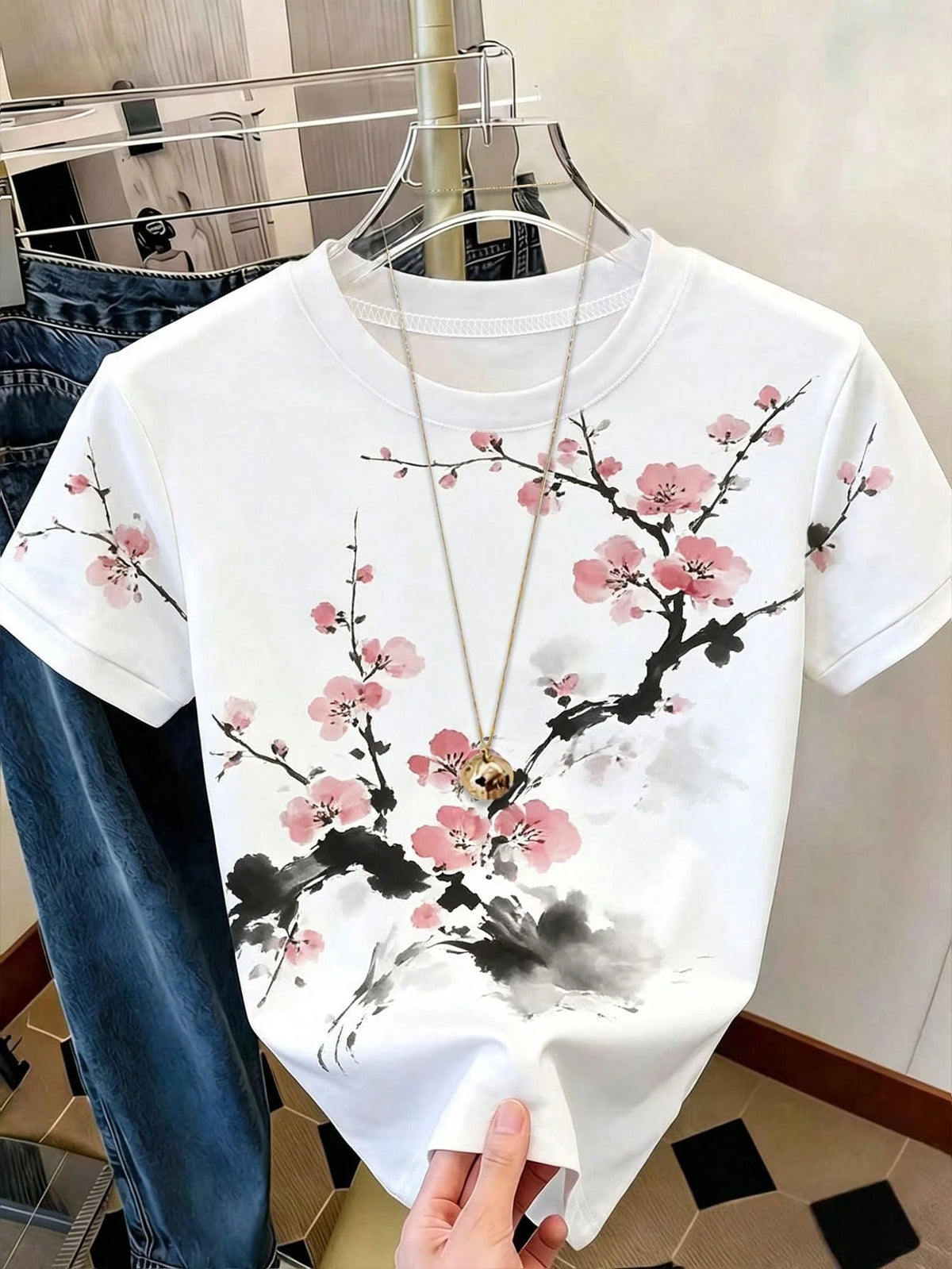Women's Plum Blossom Print Regular Short Sleeve T-Shirt