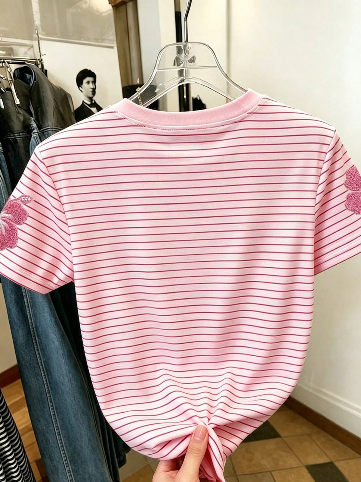 Women's Casual Pink Pattern Short Sleeve T-Shirt
