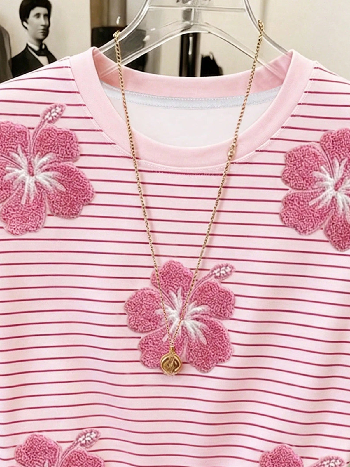 Women's Casual Pink Pattern Short Sleeve T-Shirt