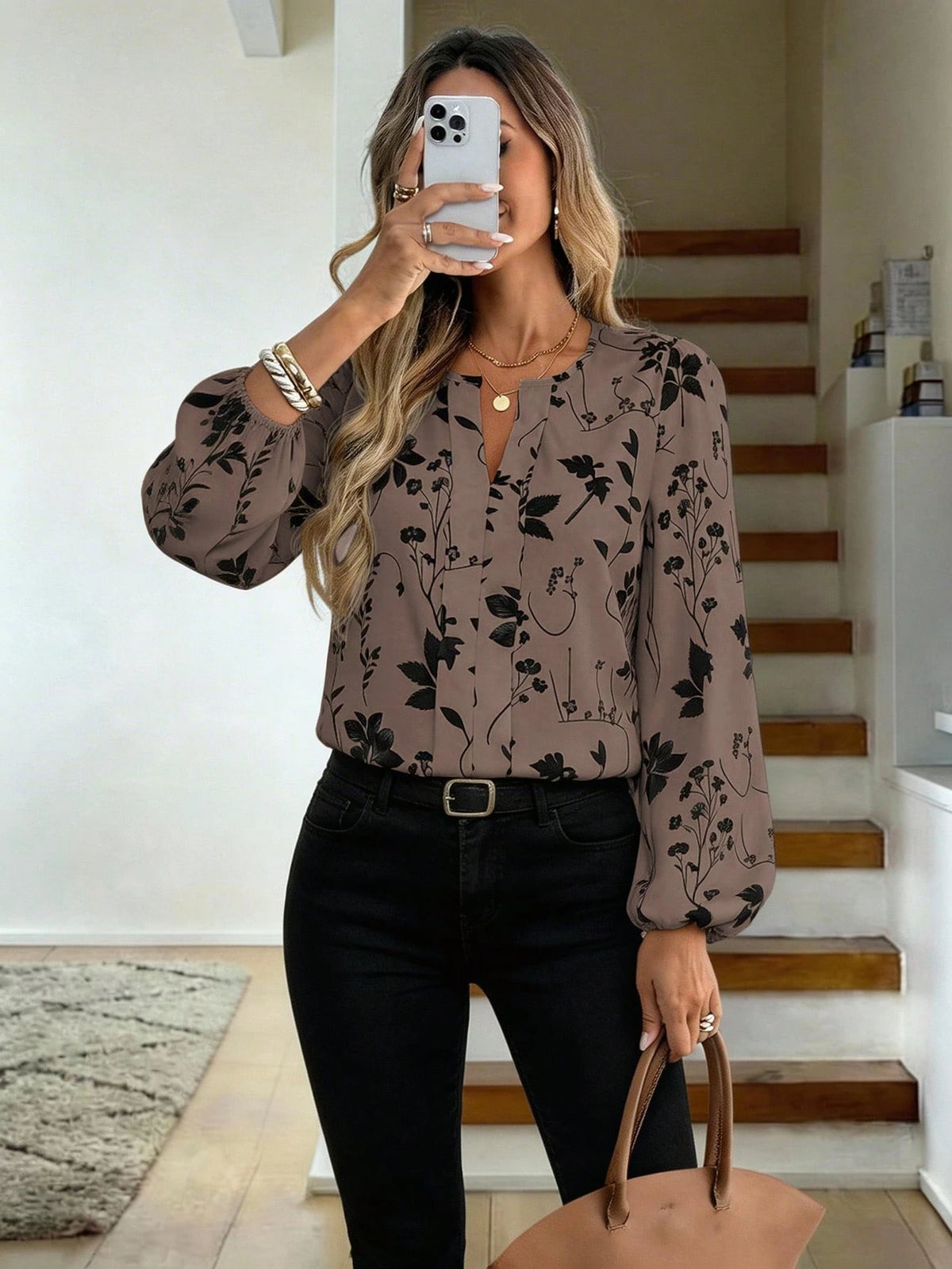 Women's Floral Print Puff Sleeve V-Neck Blouse