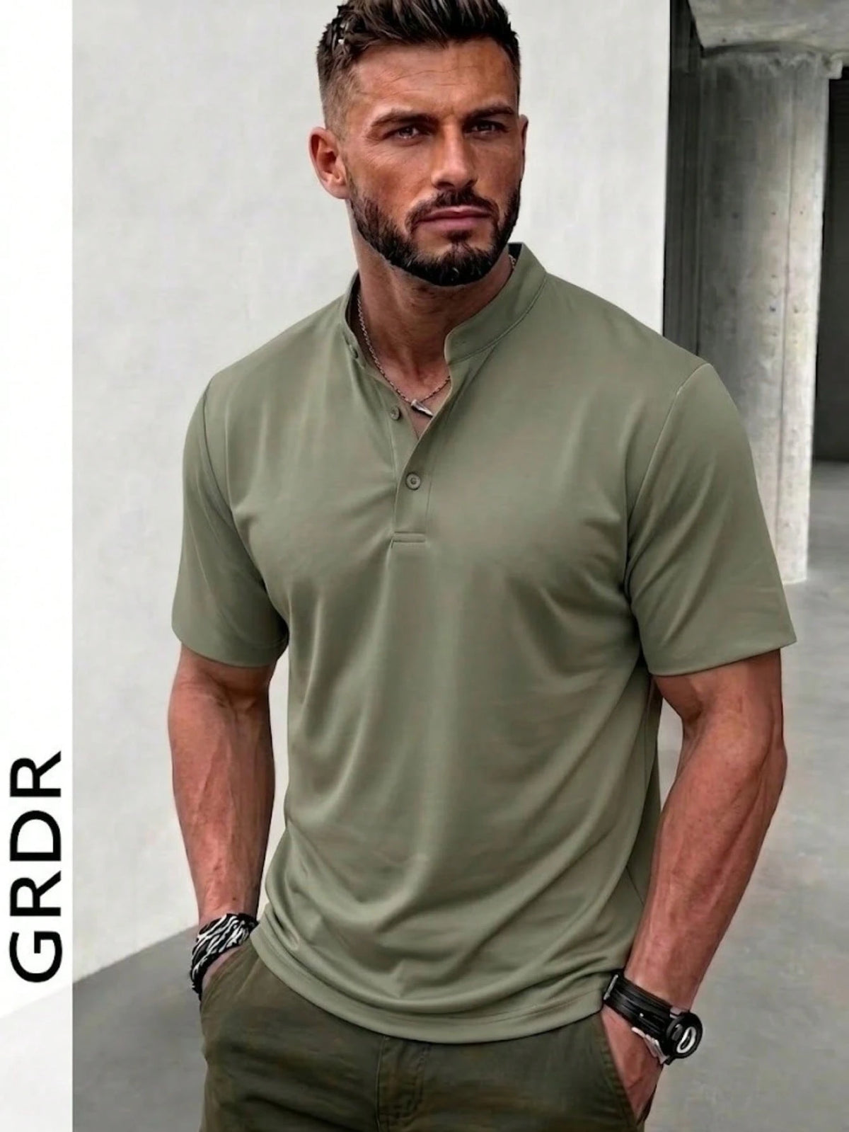 Men's Classic Solid Color Henley Collar Short Sleeve T-Shirt Olive Green