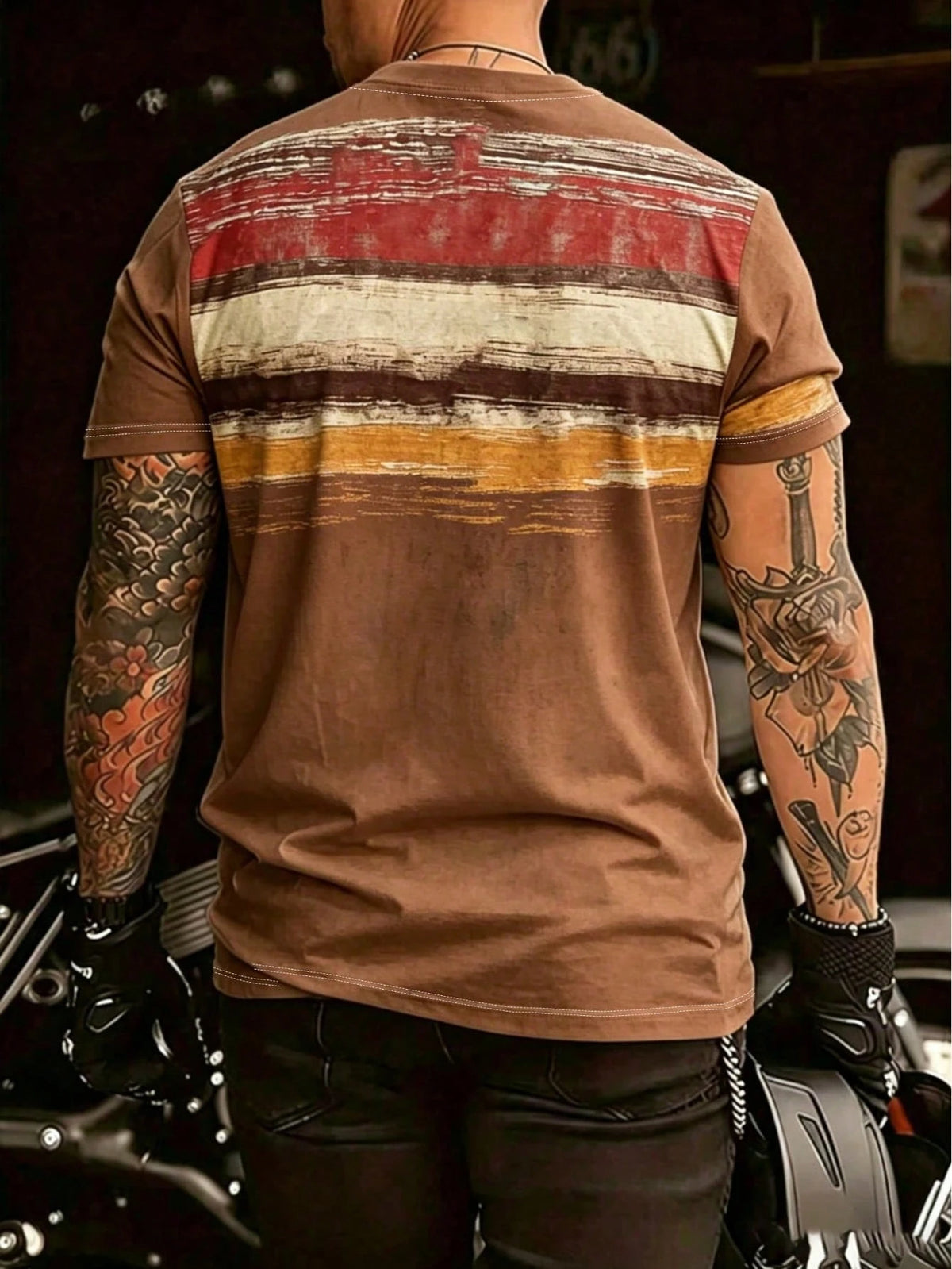 Men's Vintage Print Retro Striped V-Neck Short Sleeve T-Shirt