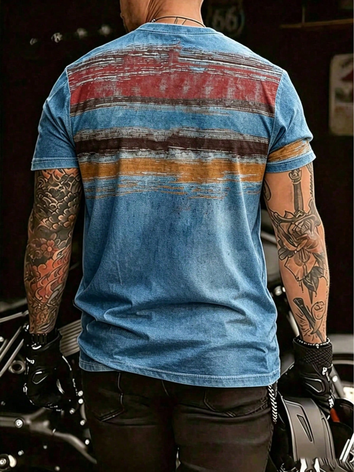 Men's Vintage Print Retro Striped V-Neck Short Sleeve T-Shirt