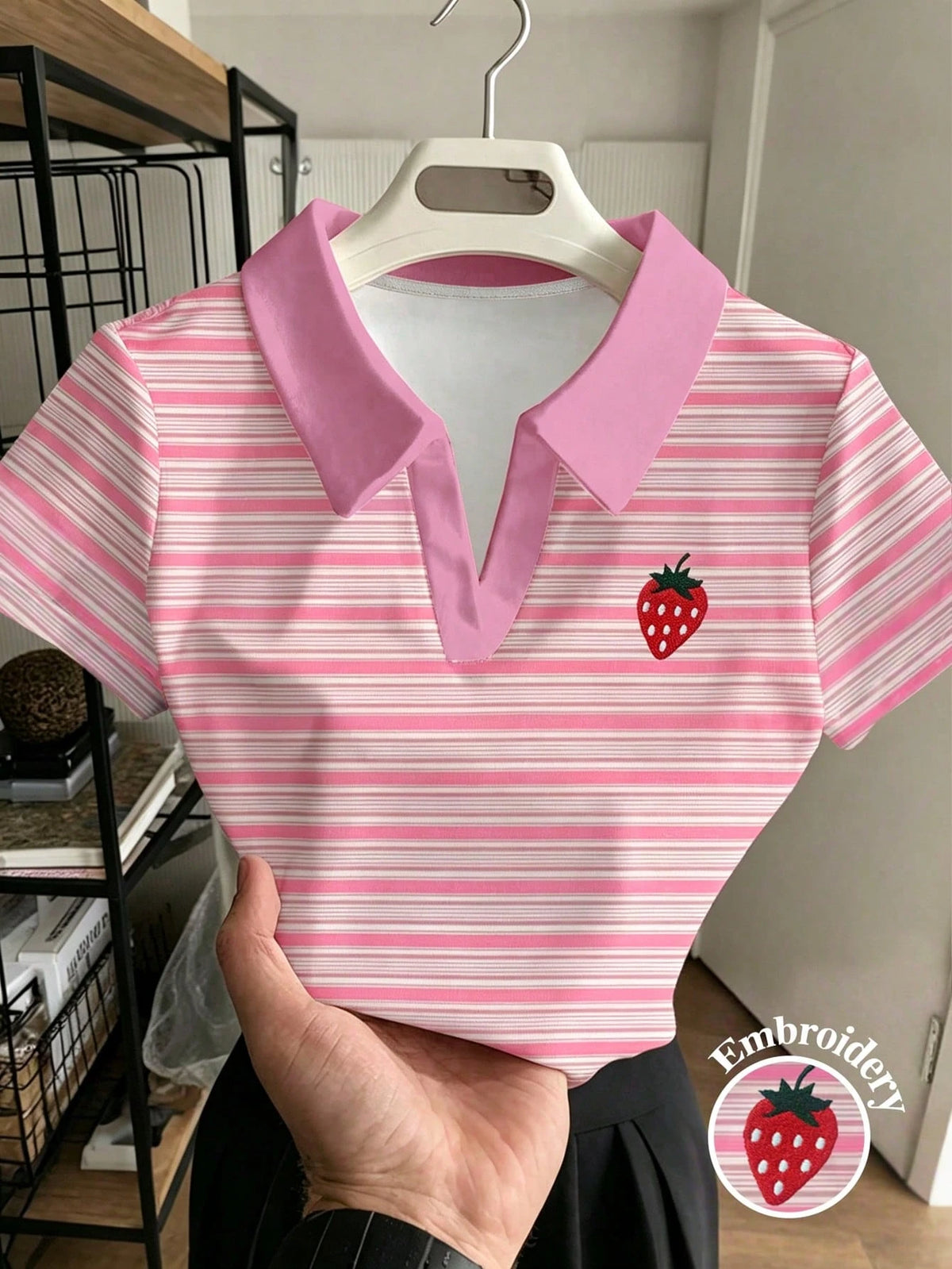 Women's Casual Striped Short Sleeve Crop Polo Shirt