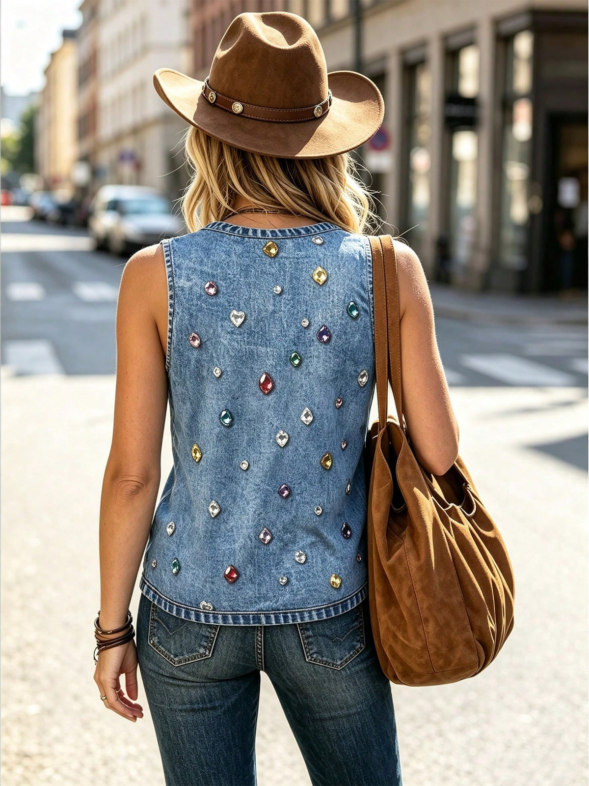 Women's Western Faux Denim Print Casual Summer Tank Top