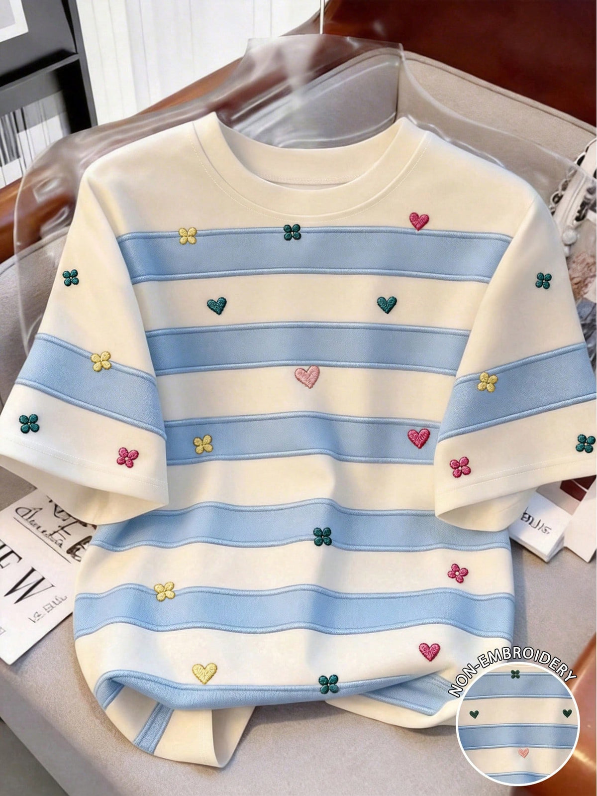 Resyla Striped Floral Embroidery Round Neck Women's T-Shirt