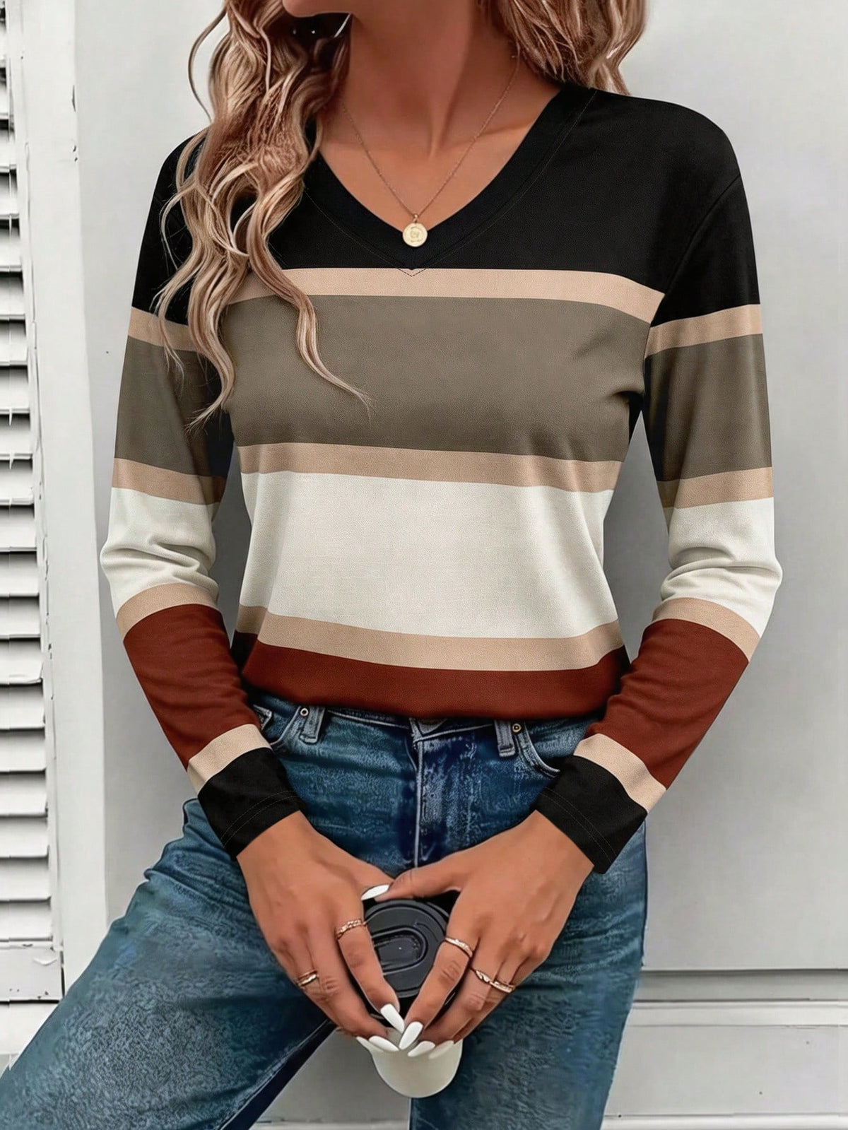 Women's Classic Striped V-Neck Long Sleeve T-Shirt