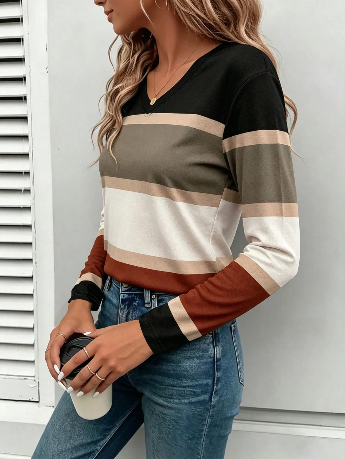 Women's Classic Striped V-Neck Long Sleeve T-Shirt