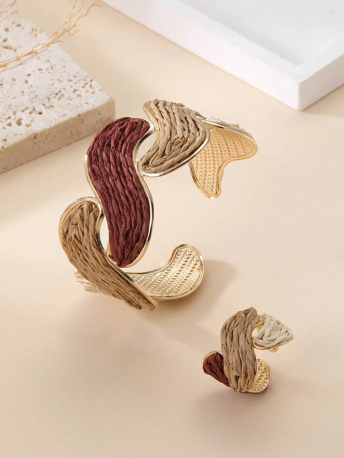Women's Vintage Earth Tone Twisted Bangle Bracelet and Ring Set