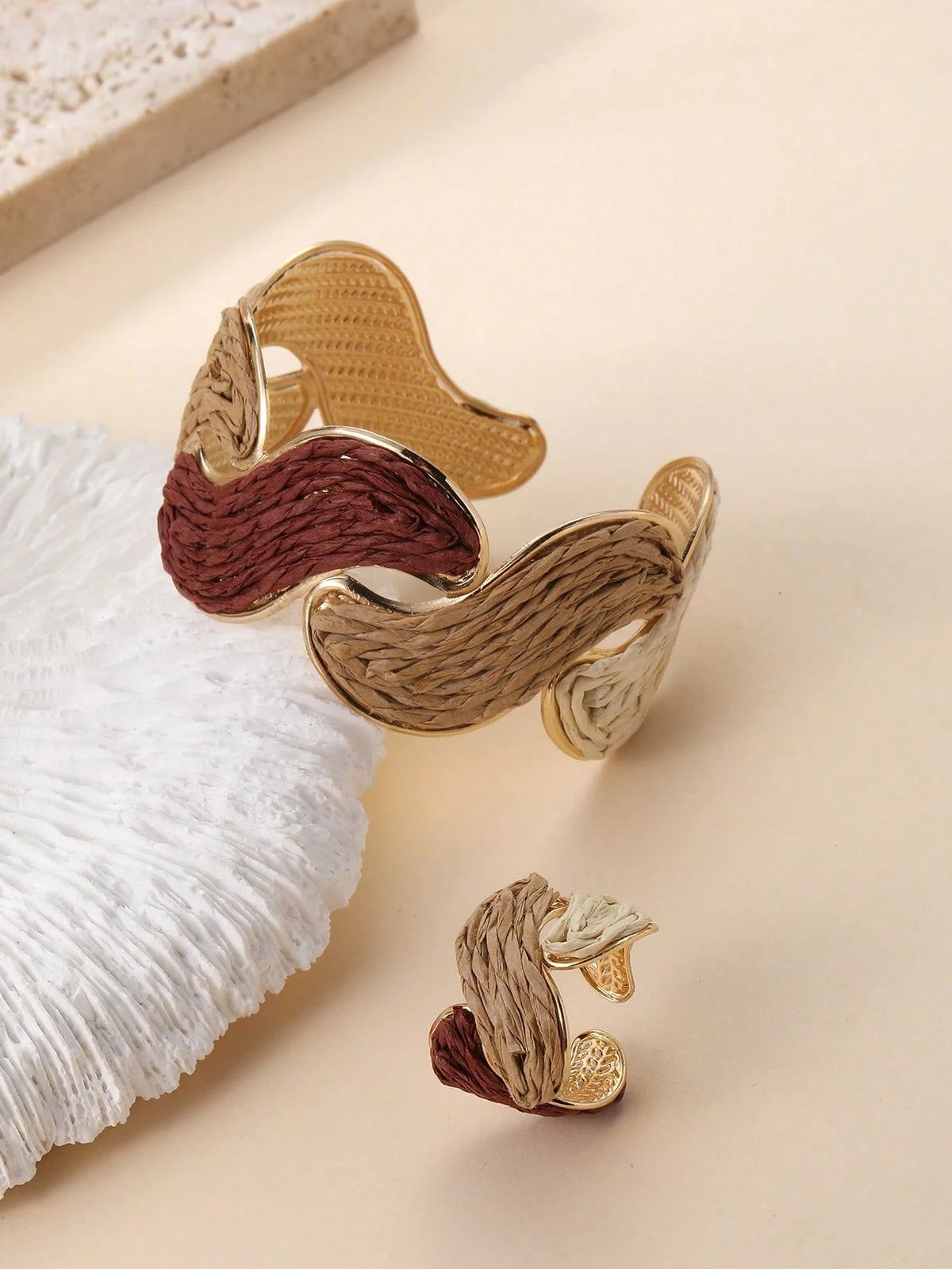 Women's Vintage Earth Tone Twisted Bangle Bracelet and Ring Set