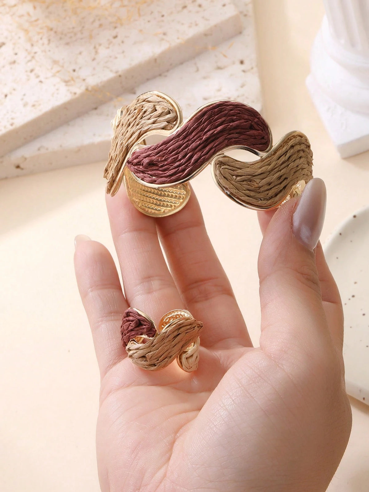 Women's Vintage Earth Tone Twisted Bangle Bracelet and Ring Set