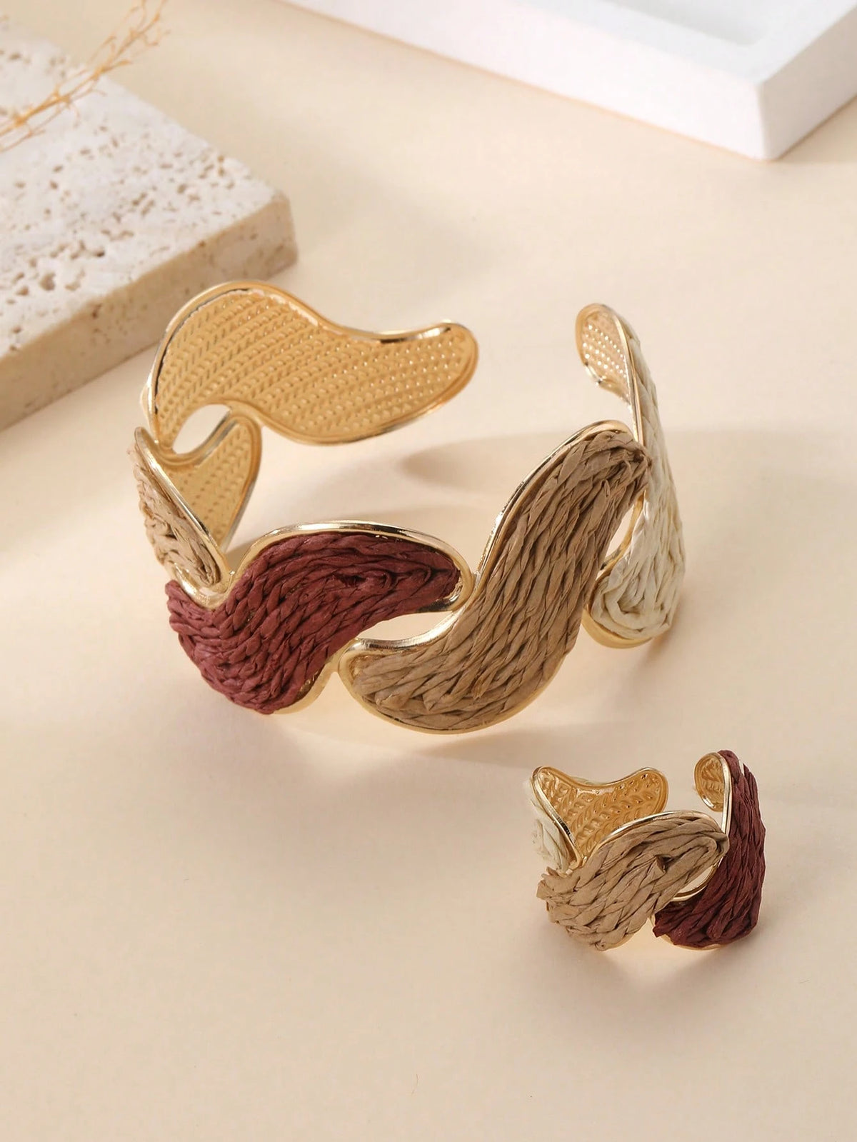 Women's Vintage Earth Tone Twisted Bangle Bracelet and Ring Set