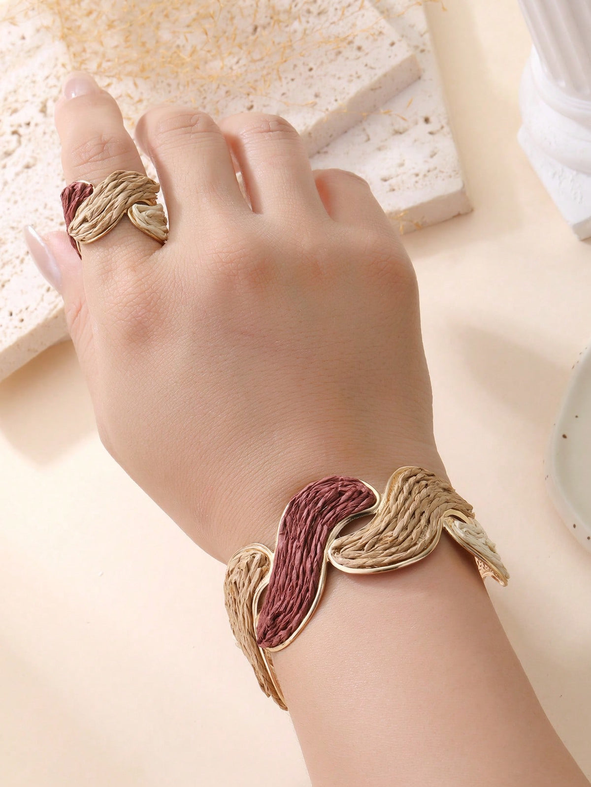 Women's Vintage Earth Tone Twisted Bangle Bracelet and Ring Set