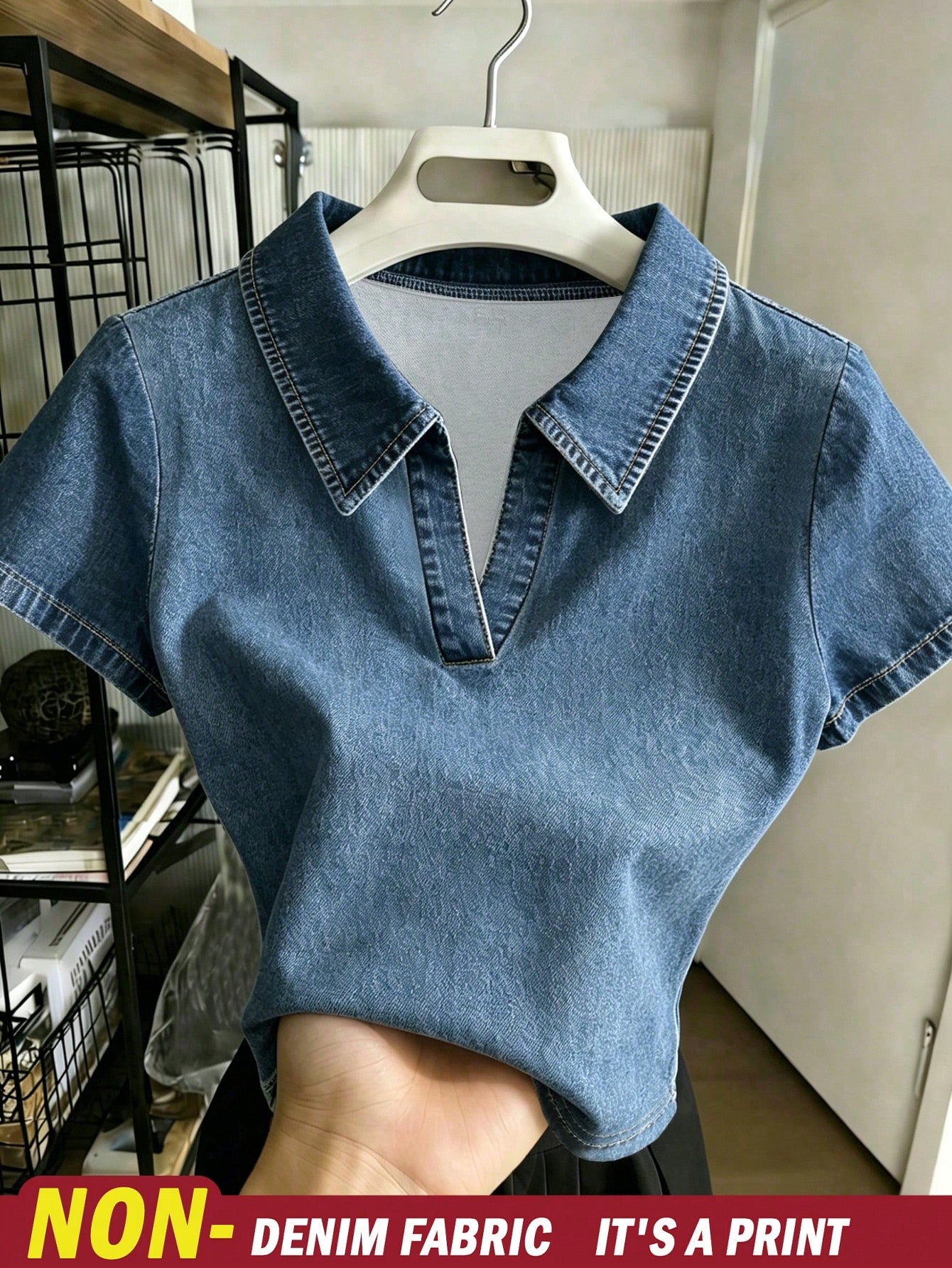 Women's Denim-Style Fashion Vintage Casual Polo Short Sleeve T-Shirt