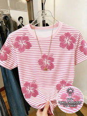 Women's Casual Pink Pattern Short Sleeve T-Shirt