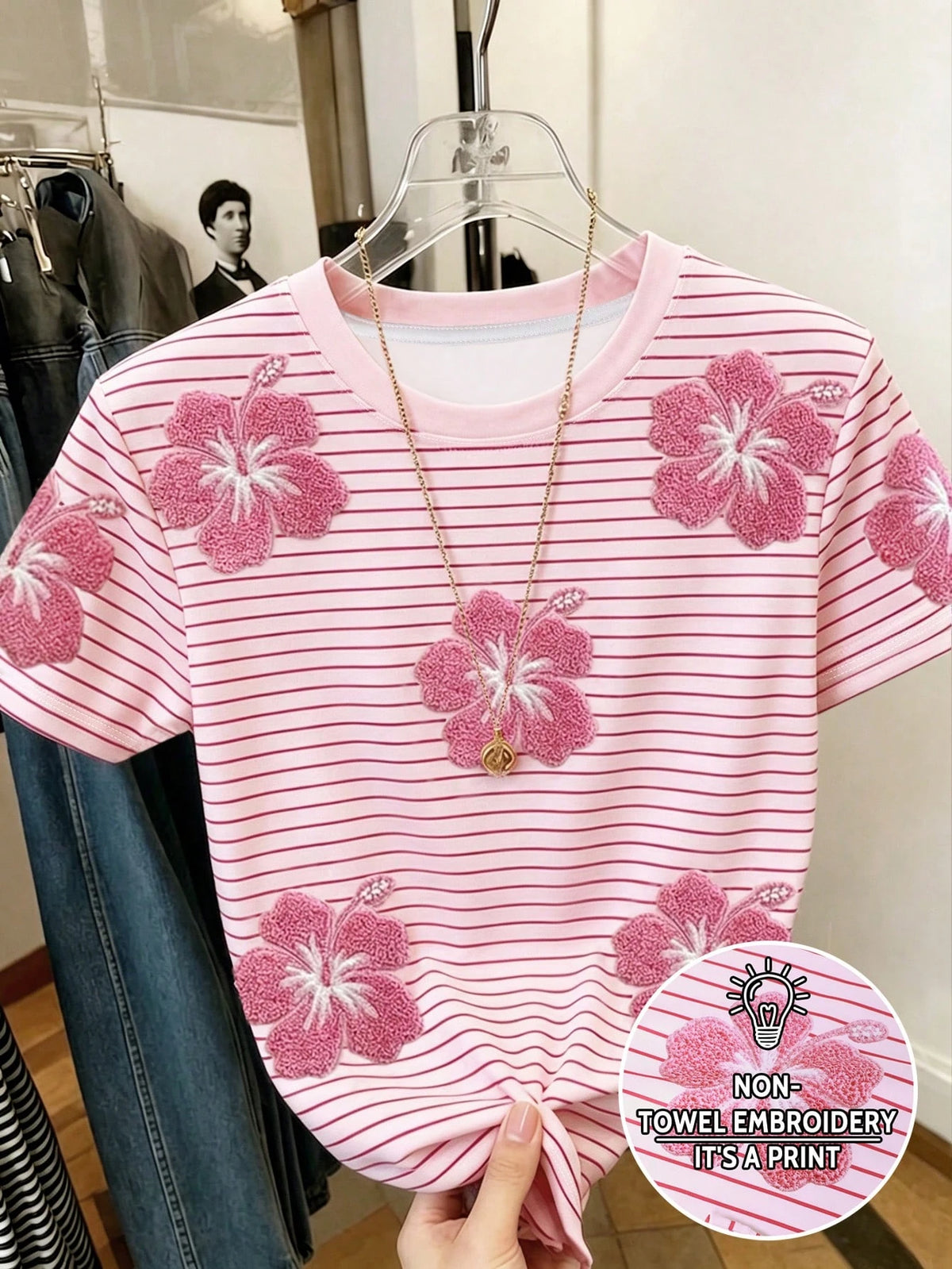Women's Casual Pink Pattern Short Sleeve T-Shirt
