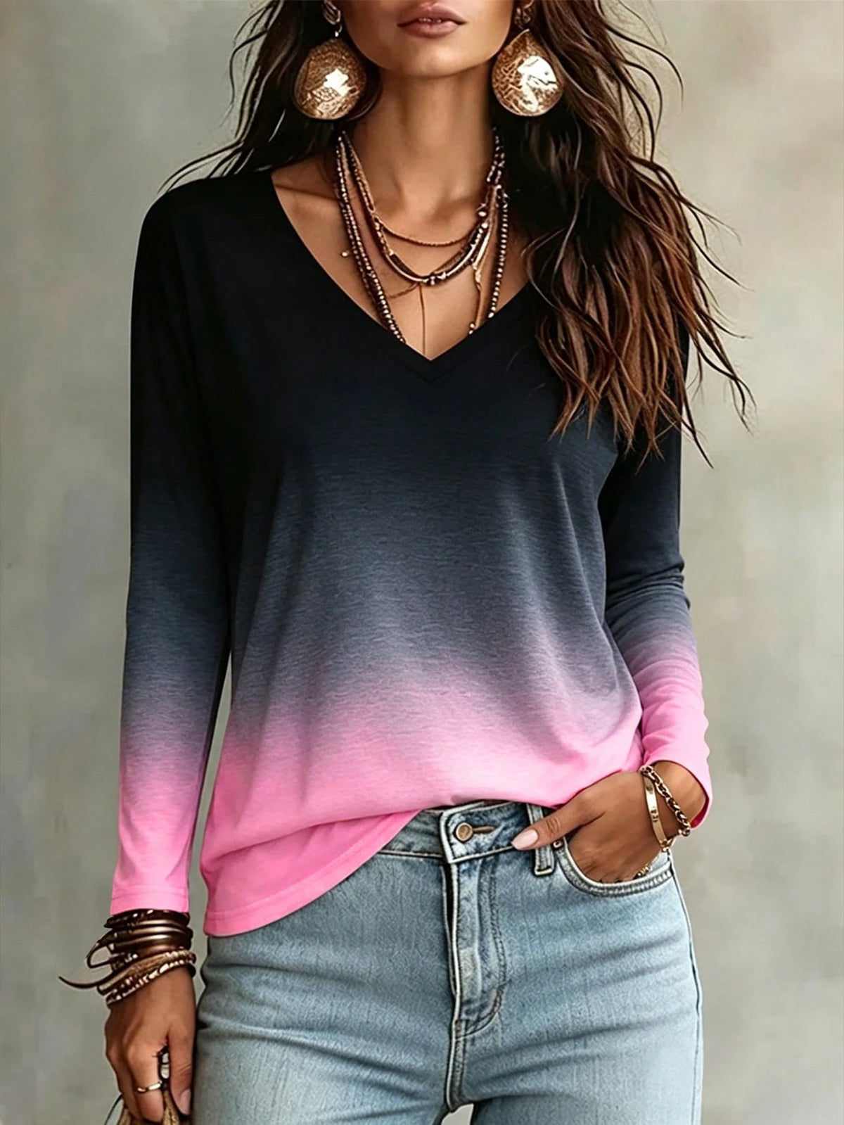 Women's Ombre V-Neck Long Sleeve Casual T-Shirt