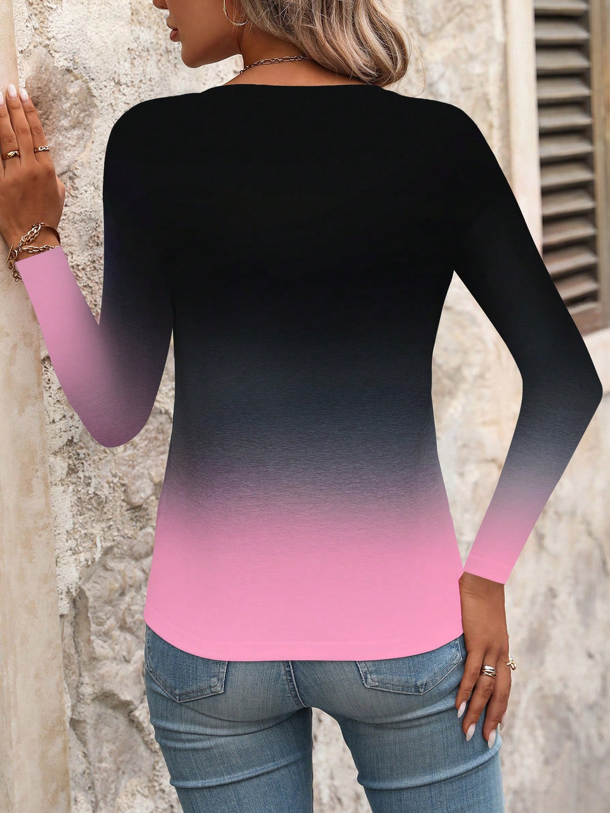 Women's Ombre V-Neck Long Sleeve Casual T-Shirt
