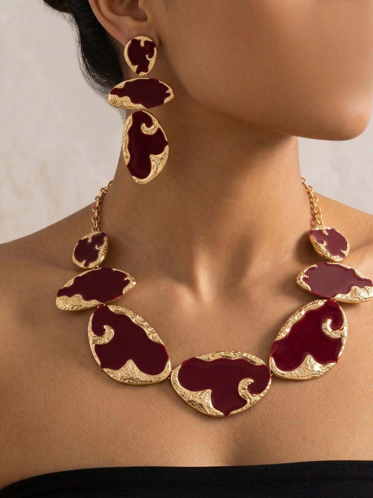 Women's Creative Burgundy Statement Necklace and Earring Set