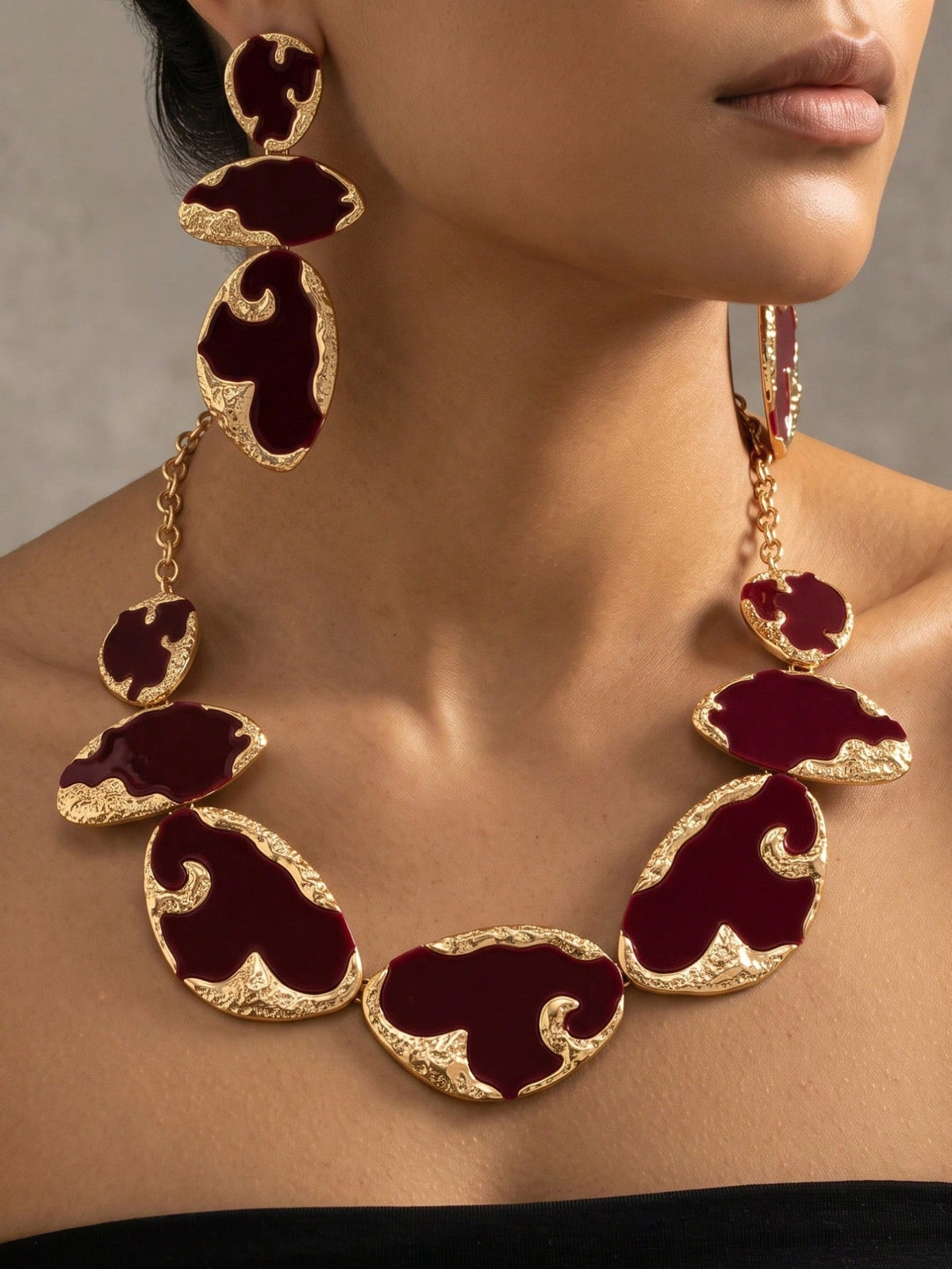 Women's Creative Burgundy Statement Necklace and Earring Set