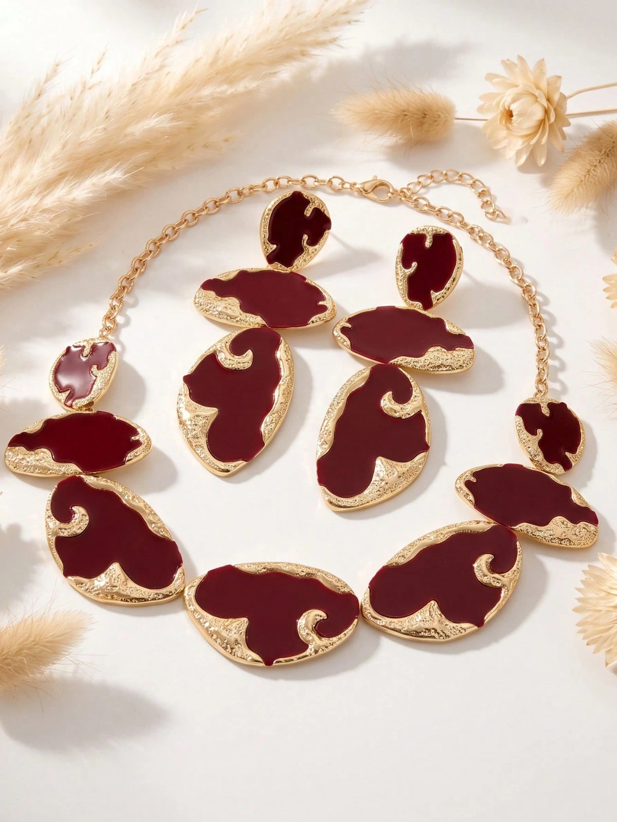Women's Creative Burgundy Statement Necklace and Earring Set