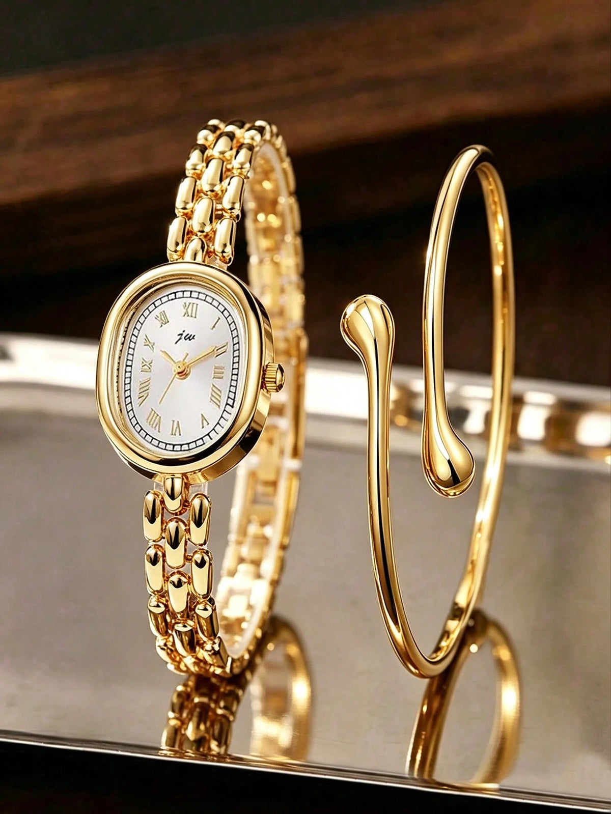 Women's Vintage Oval Dial Gold Watch and Bracelet Set