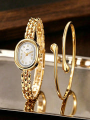 Women's Vintage Oval Dial Gold Watch and Bracelet Set