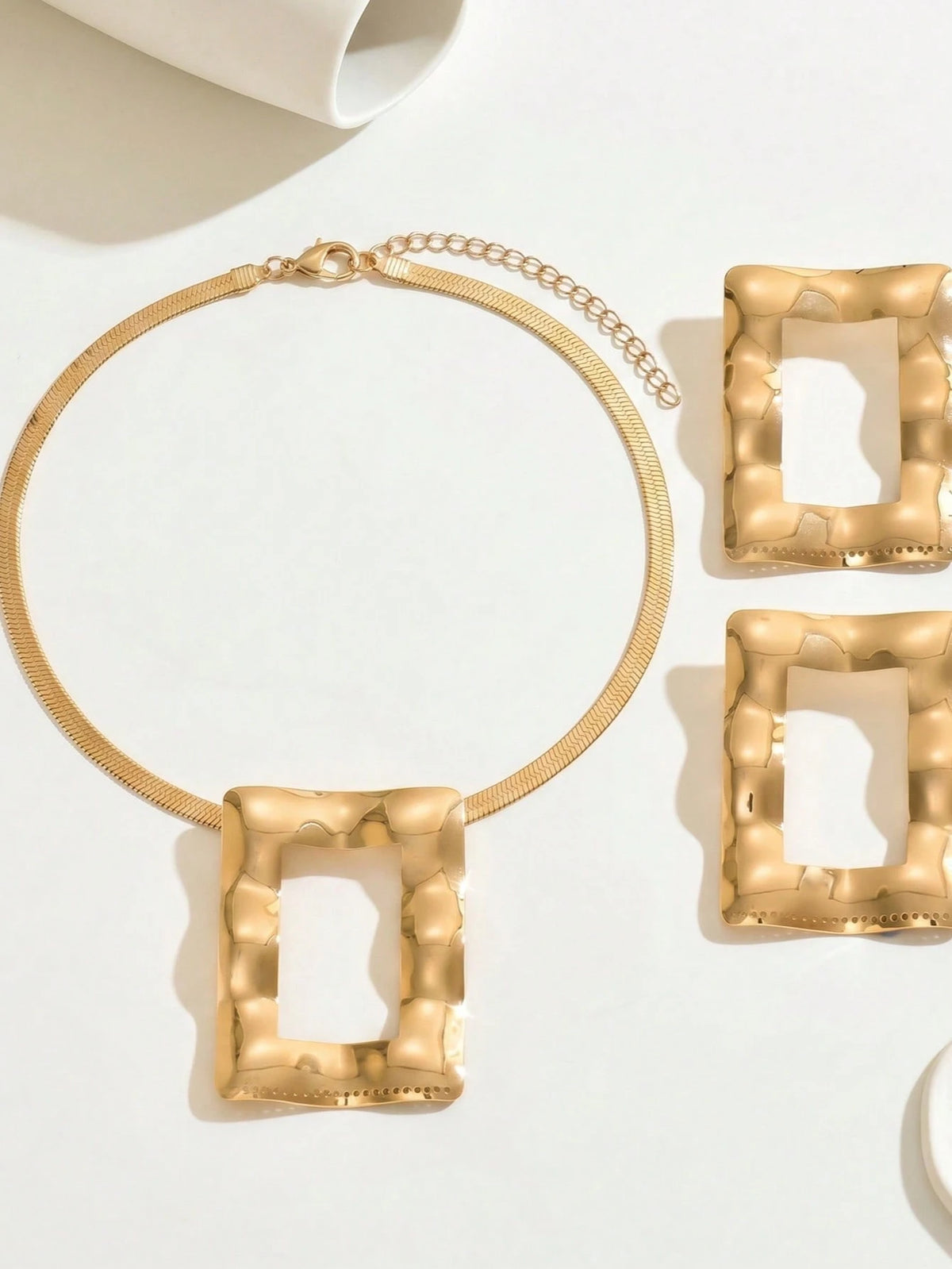 Women's Elegant Hammered Hollow Square Necklace Earring Set